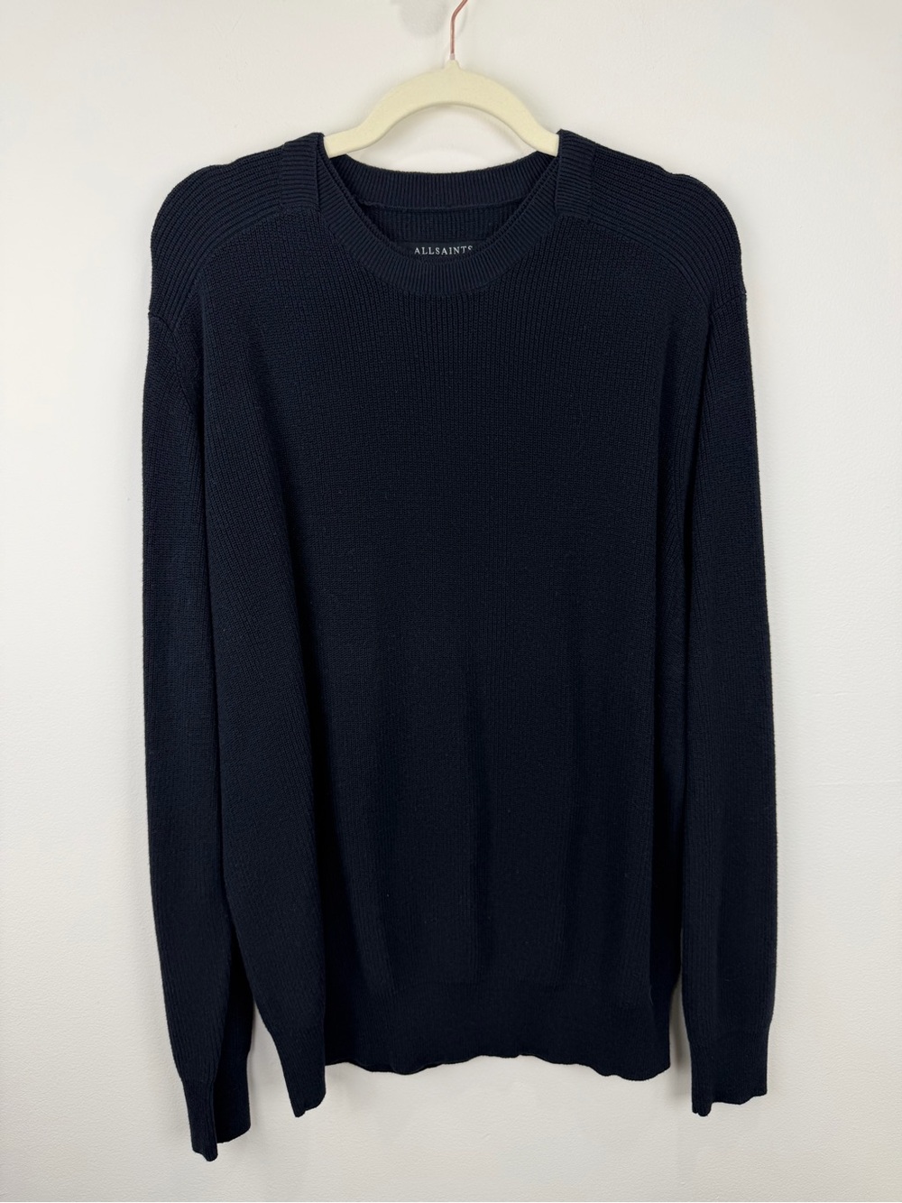 AllSaints San Crew Navy Knit Sweater Men’s XL Cotton Modal Minimalist